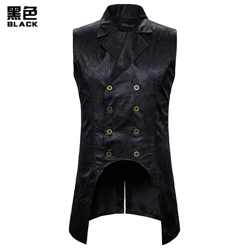 Wine Red Paisley Jacquard Long Vest Men Double Breasted Lapel Brocade Waistcoat Mens Gothic Steampunk Sleeveless Tailcoat | Тематическая