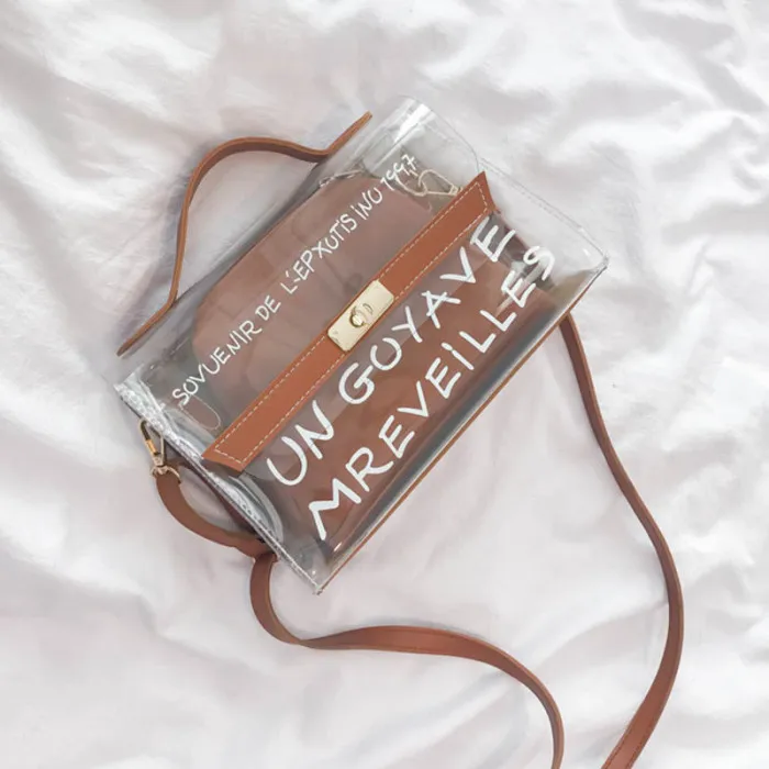 Women Composite Bags PVC Transparent Handbag Letters Printed PU Leather Purse Shoulder Bag-OPK