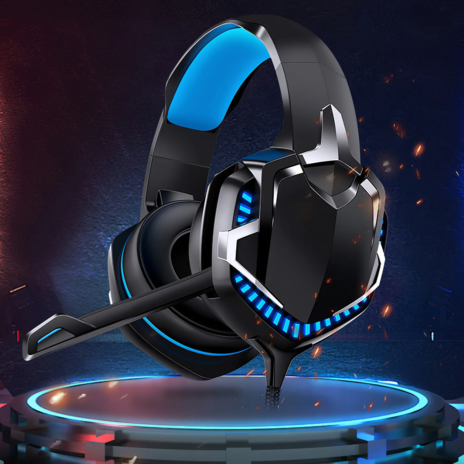 

Wired Headset With Rotary Omnidirectional Microphone USB 3.5mm Blue Light Adjustable Headband Earphone Cool Light Effect