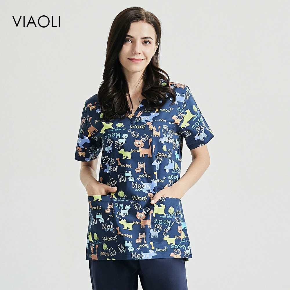 

Dog print V-neck Beautician workwear scrub tops Short Sleeved pet store work clothing fashion design Health service women suits