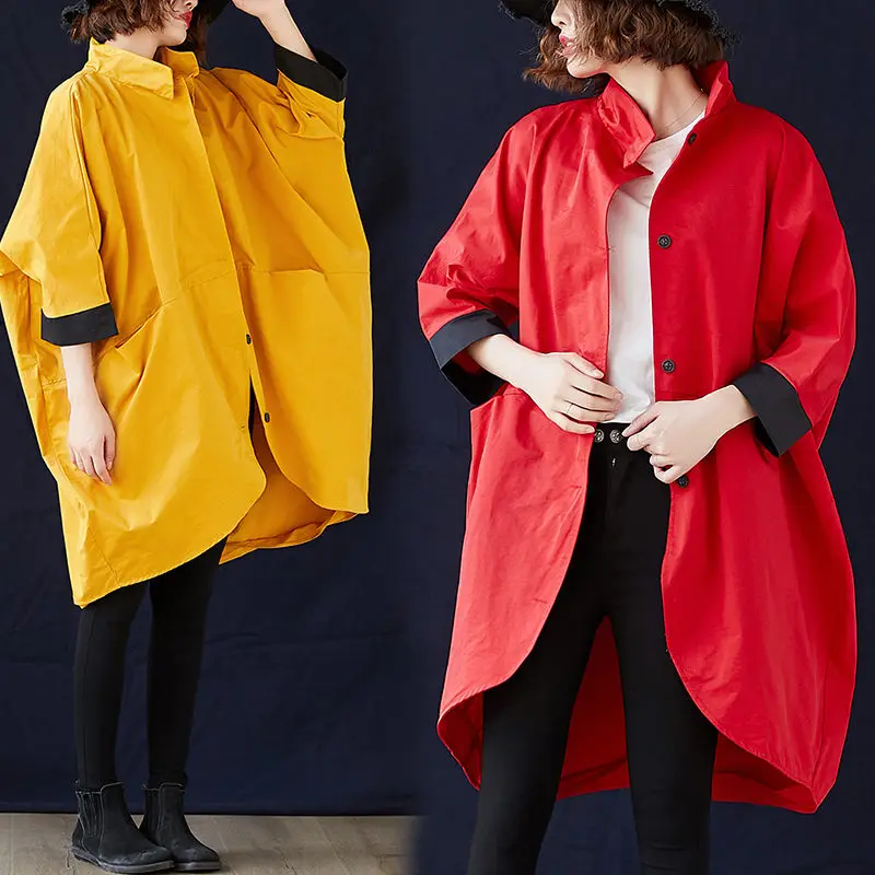 Large Size Women Shirt Windbreaker Jacket 2020 Fashion Loose Casual Stand Collar Hit Color Seven Sleeve Spring Coat Blusa R26 | Женская