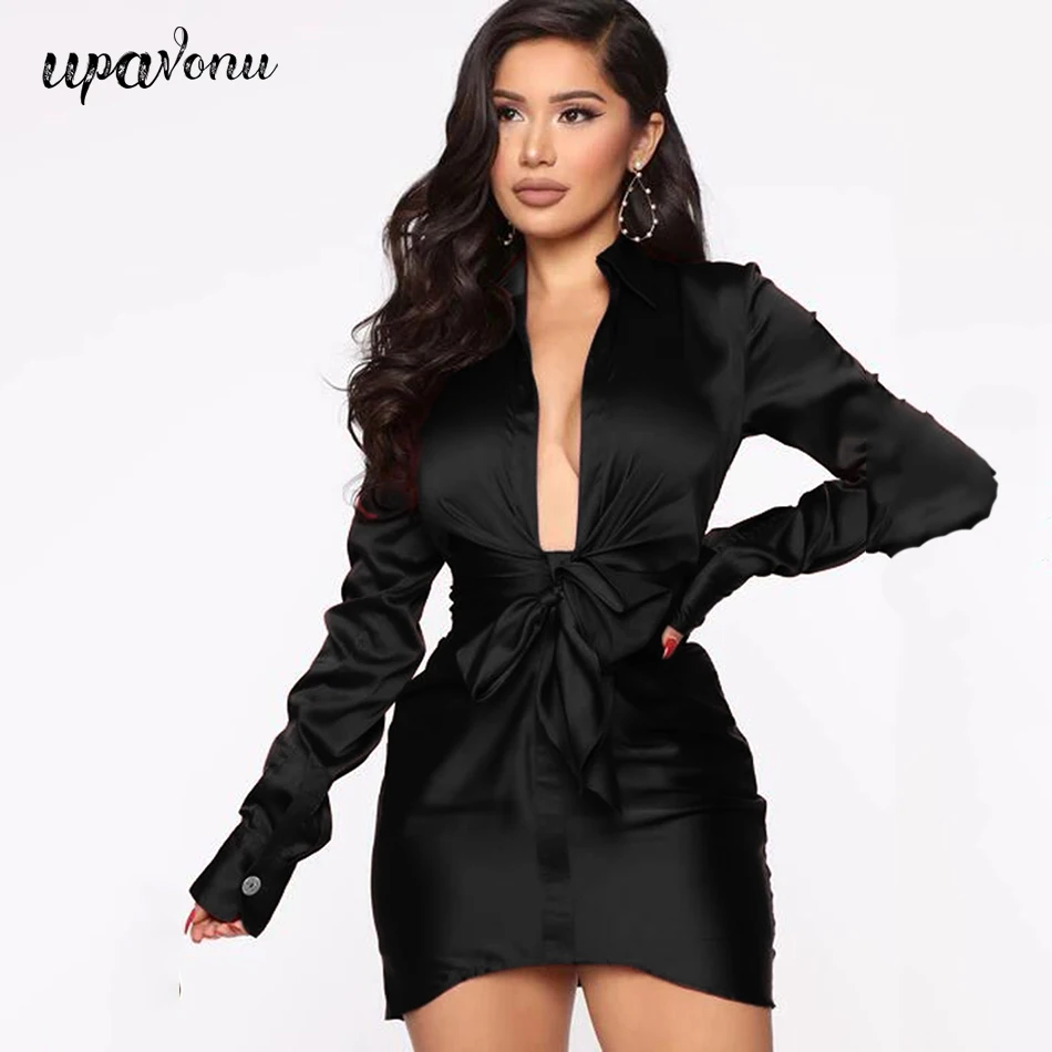 

Free Shipping 2021 New Women Black Satin Dress Sexy Deep V Neck Long Sleeve Bodycon Lace-Up Dress Club Night Party Mini Vestidos