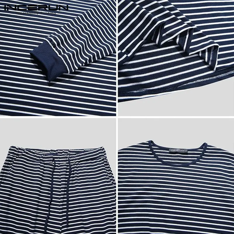 

INCERUN 2021 Spring Leisure Striped Pajama Sets Men Long Sleeve Tops Drawstring Pants Homewear Suit Man Cozy Nightgown Suits 5XL