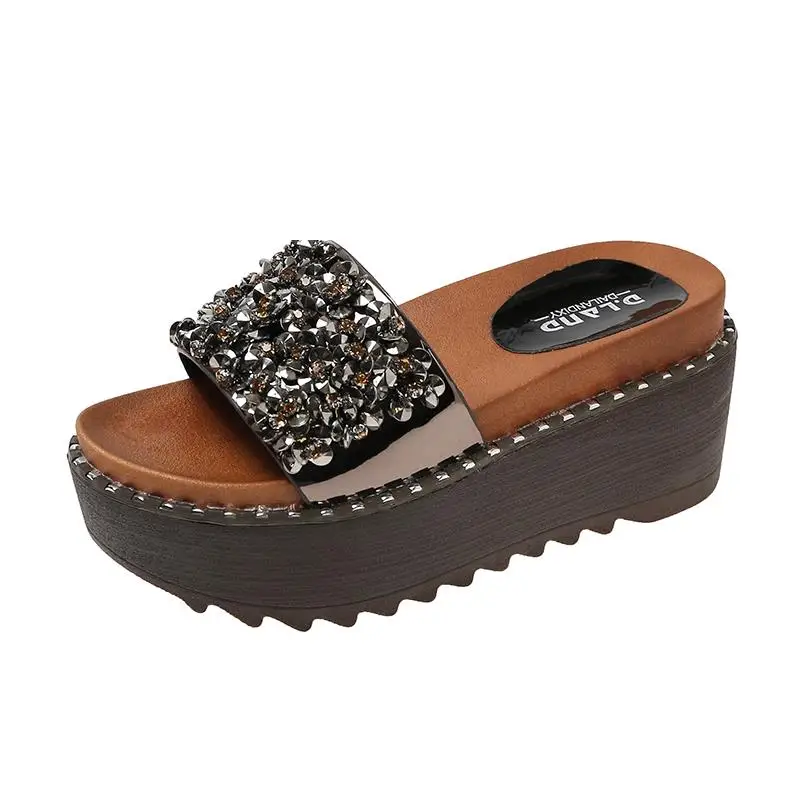 

Shoes Women Glitter Slides Slippers Heels Pantofle Platform Fashion On A Wedge String Bead Soft Jelly High 2021 Luxury Rubber P