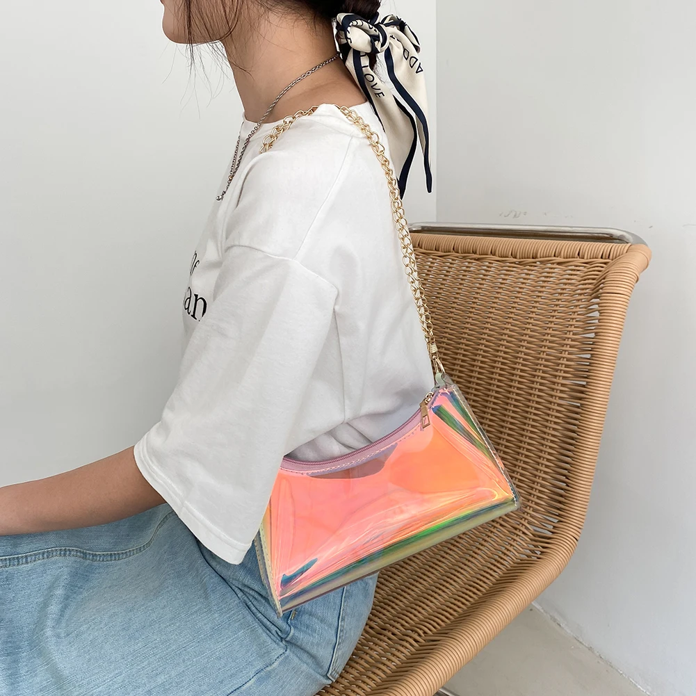 

Fashion Women PVC Transparent Laser Color Crossbody Shoulder Messenger Bag Casual Ladies Chain Small Hobos Handbags Purse