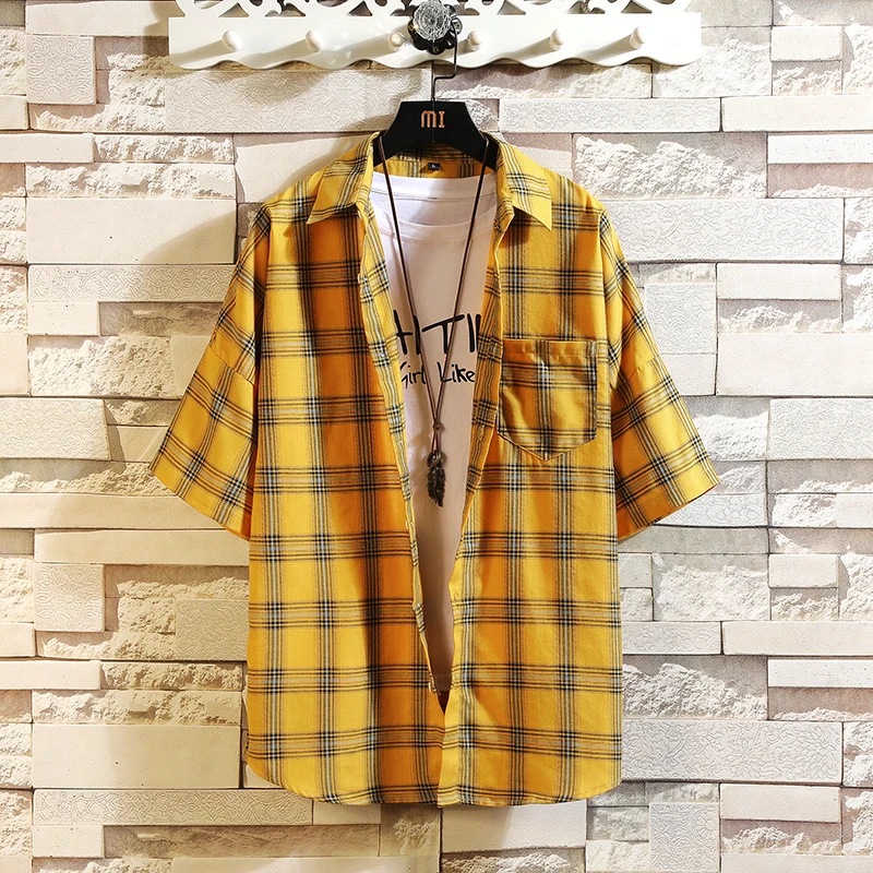 

Men Summer Shirts Plaid Casual Shirts New Male Short Sleeve Loose Shirts Men Cotton Large Size Leisure Outwear Shirts Size 5XL