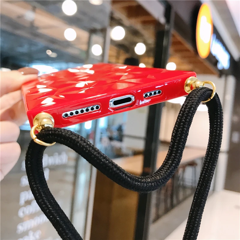 Квадратные Чехлы Kjoew с ромбовидным ремешком для телефона iPhone 11 X XR XS Max Pro мягкие IMD 6