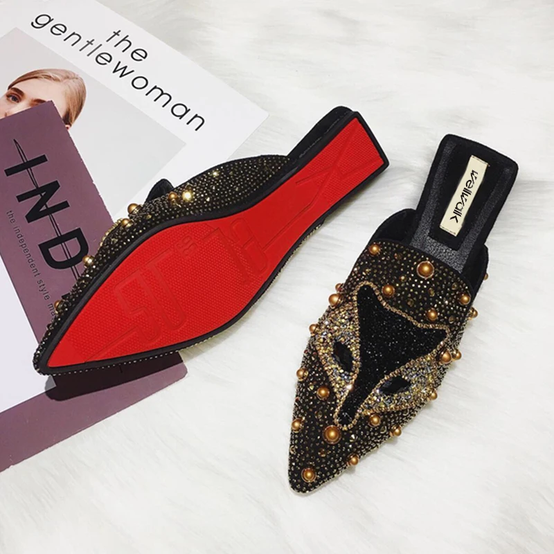 Туфли женские без шнуровки лоферы со стразами лиса заостренный носок заклепки