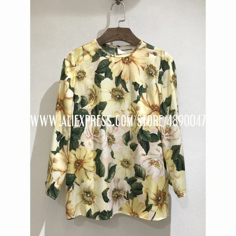 

Spring summer women's blouse bohemian flower Yellow flower print O-neck long-sleeved blouse casual high quality top