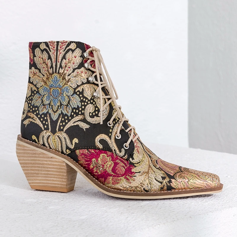 

EPHER Embroidered Floral Boots Pointed Toe Vintage Boots Square Block Heel Boots