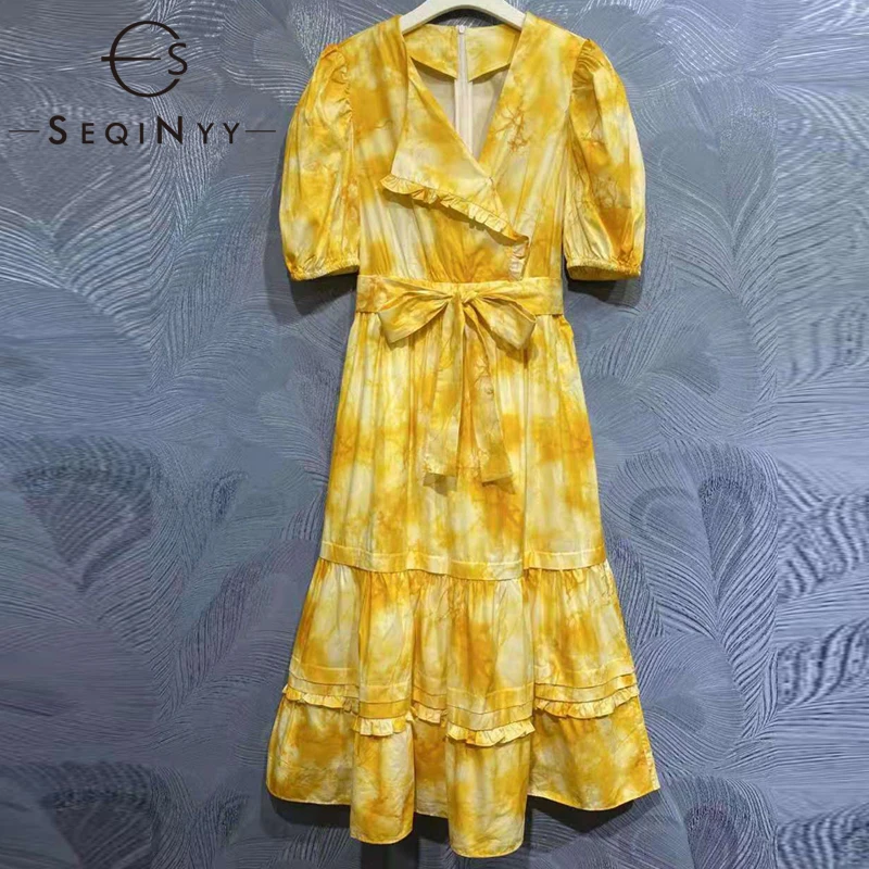 

Женское Хлопковое платье-миди SEQINYY, подиумное повседневное желтое платье-миди с поясом и принтом, весна-лето 95%