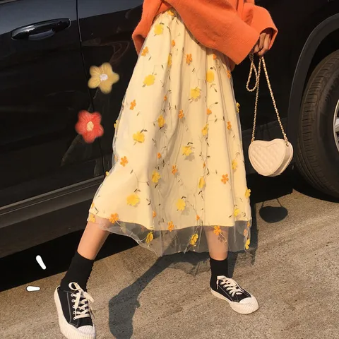 Yellow 3D Flower Lace Skrit Women High Waist Mesh Long Skrit Female elegant Midi tulle skirt Sweet Cute Student School Wear saia