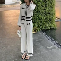 autumn casual tracksuits knitted women button cardigan tophit color wide leg pants striped two piece sets women sweater suit
