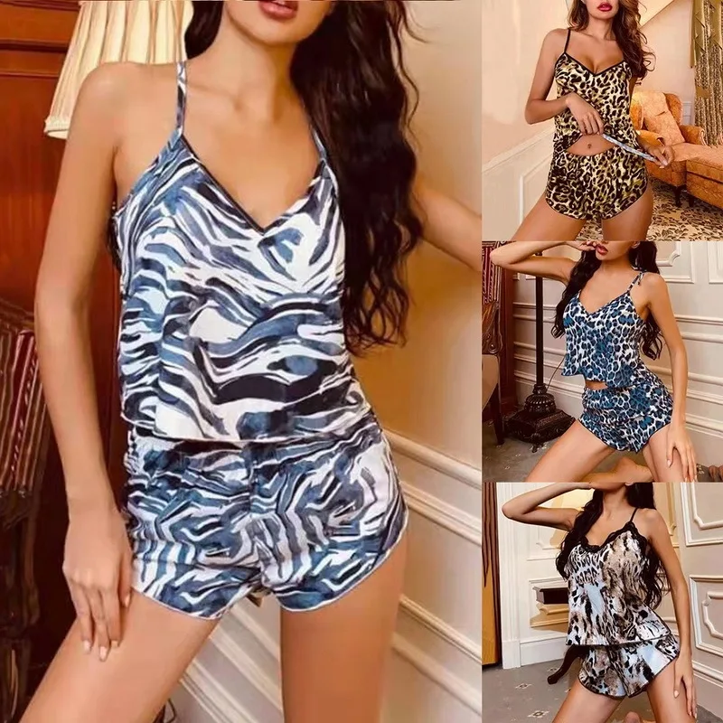 

Women's Casual Comfortable Printing Pajamas Suit Two Piece Short Sleeve V-Neck Top Elastic Waist Shorts Women's Home Wear