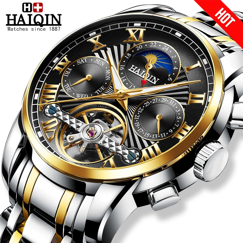 

HAIQIN 2020 Reloj hombres Luxury watches men Gold automatic Top Brand watch for men mechanical waterproof Tourbillon Roman style