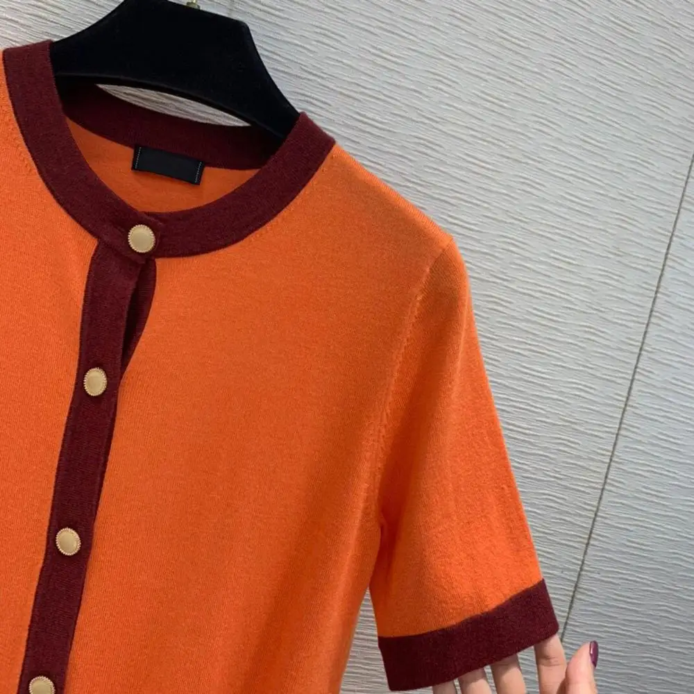 

2020 new summer wool silk blends knitted top t-shirt women clothing patchwork o-neck single breasted runway design short t shirt