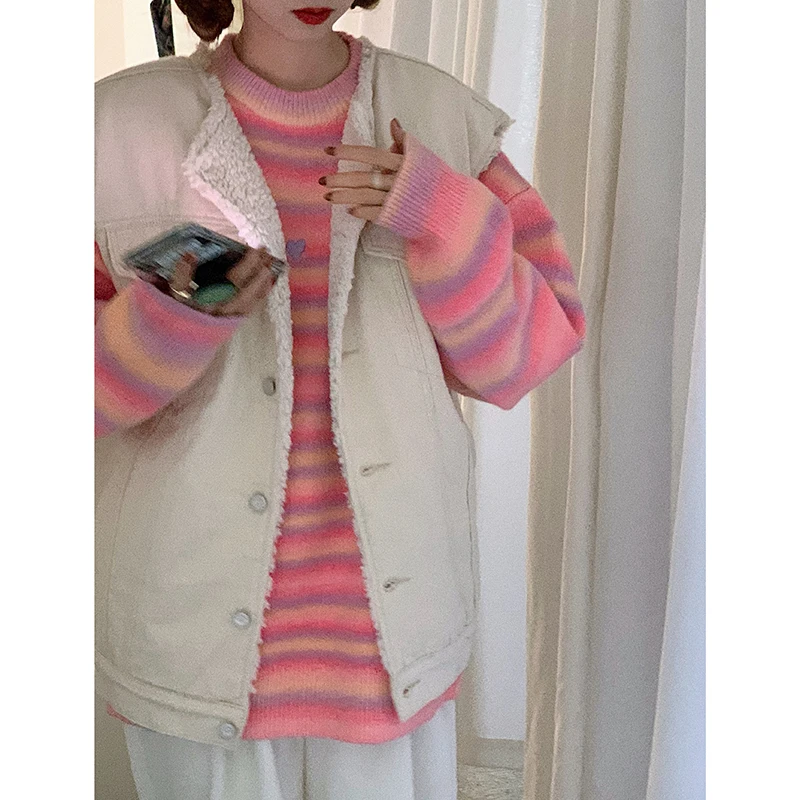 

2021 New Women Vest Waistcoat Fashion Korean Solid Single Breasted Shrugs Jackets Student Lambswool Plus Velvet Coat Outwear