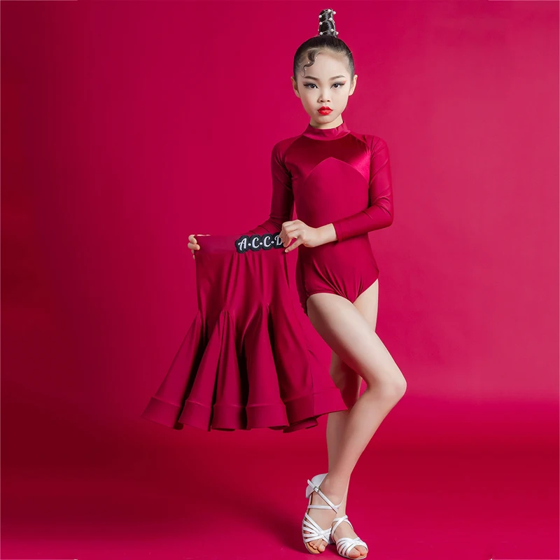 

Одежда для латинских танцев, красное вино, лайкра, с длинным рукавом, платья-пачки, для девочек, XS1591, весна-лето