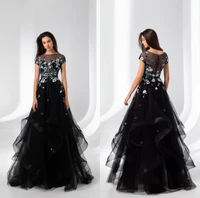 black evening dresses 2020 tiered skirts bateau neck short sleeves prom dress a line custom made vestidos formal party gowns