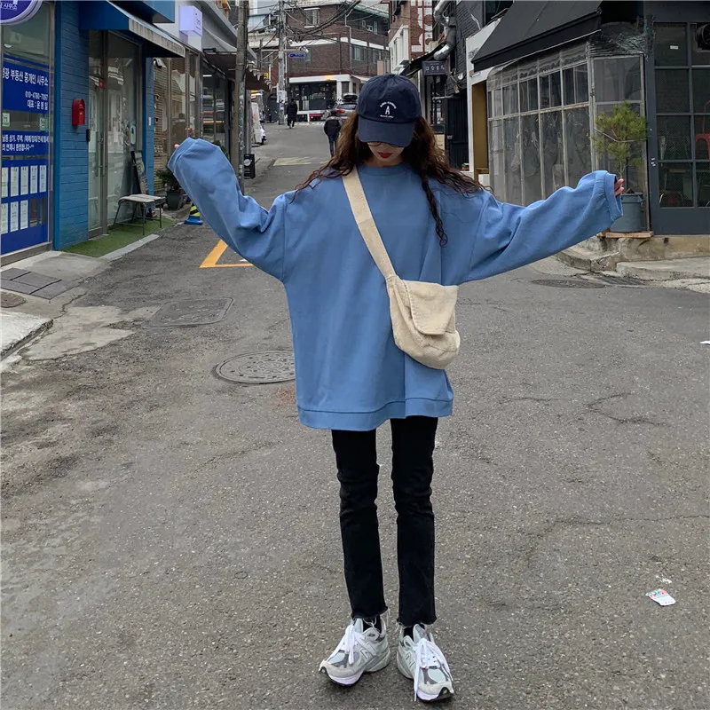 Осень корейский ulzzang мода Свободный Harajuku с длинными рукавами свитер ins простой сплошной цвет o-образным вырезом Повседневная Женская толстовка