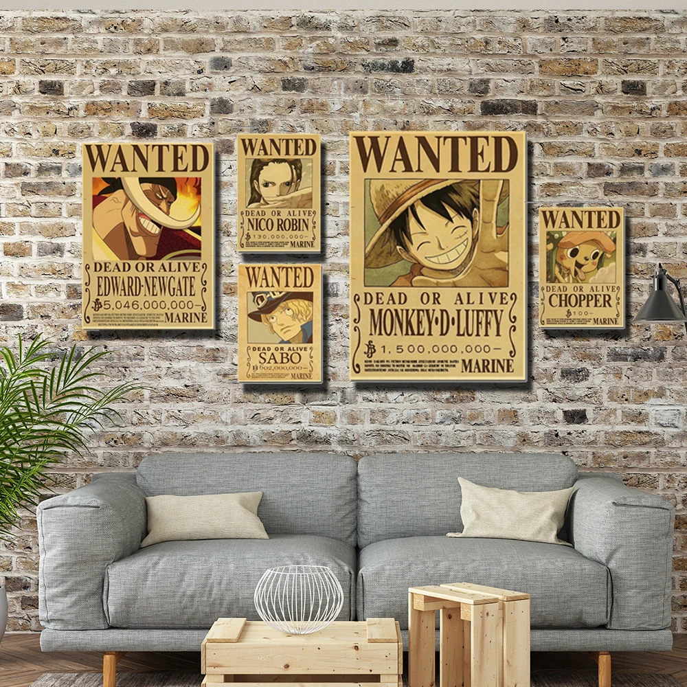 

One Piece Wanted Anime Poster Bedroom Wall Art Decoration Retro Canvas Painting Vintage Mural Living Room Home Decoration Cudros