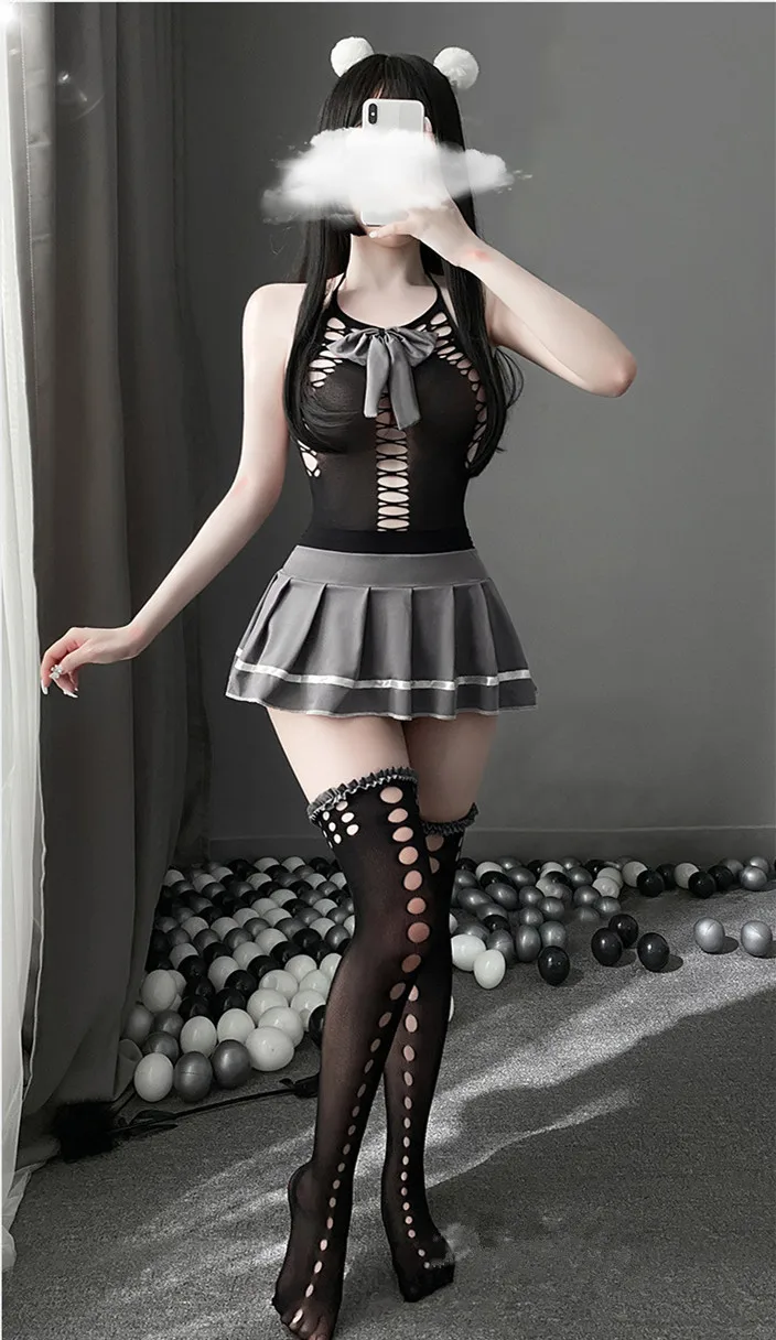 NEW Women Sexy Cosplay Lingerie Student Uniform Set Ladies Sex School Girl Costume Black Lace Miniskirt and Stockings Outfit