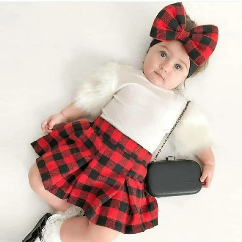 

Рождественский комплект детской одежды для девочек, 2 шт., топы, клетчатая юбка, короткий рукав, круглый вырез, плюшевая рубашка, плиссирован...