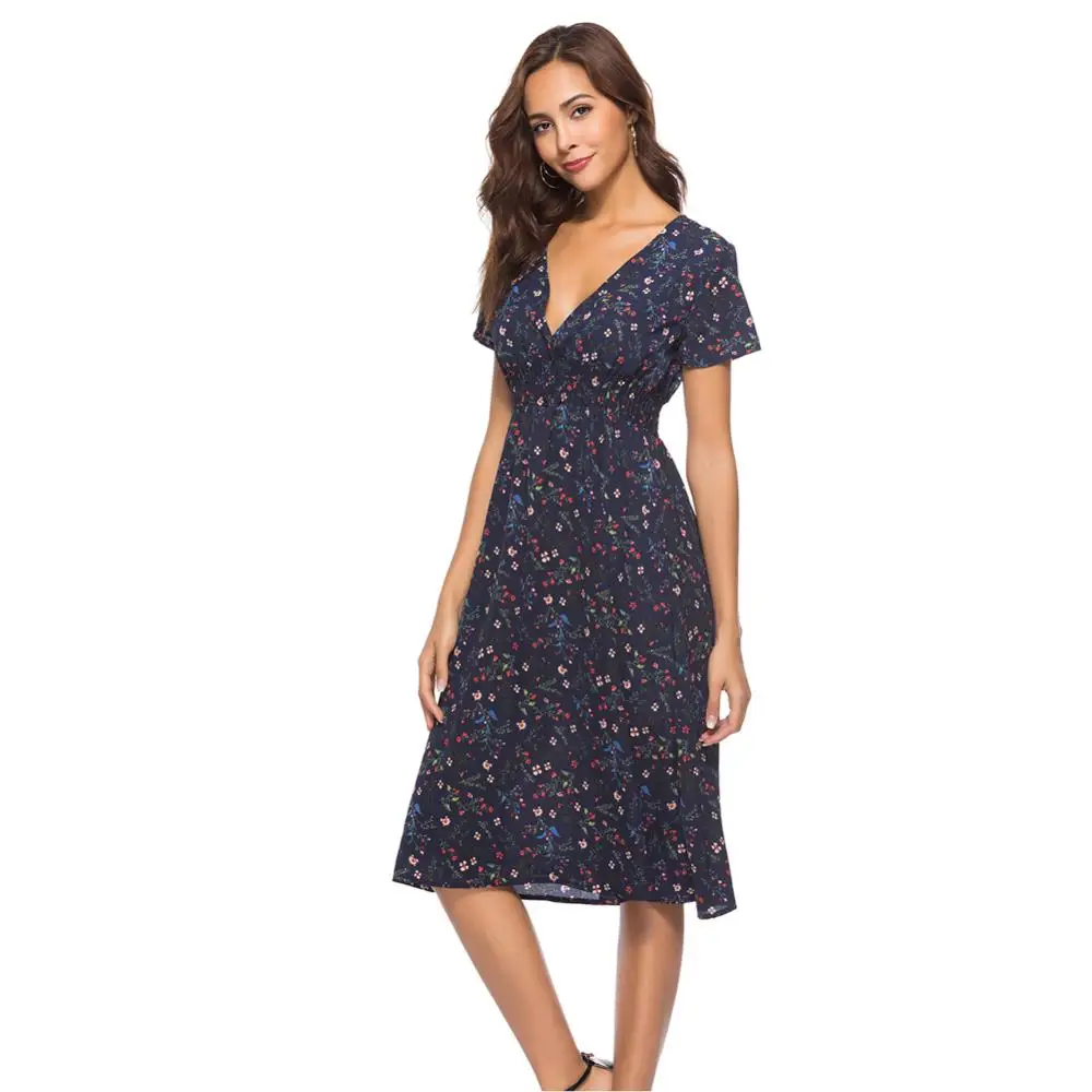 

Women Dress 2020 New Spring Summer V-neck Print Short Sleeve Dresses Female Casual Fashion Slim Sexy Beach Holiday Dress