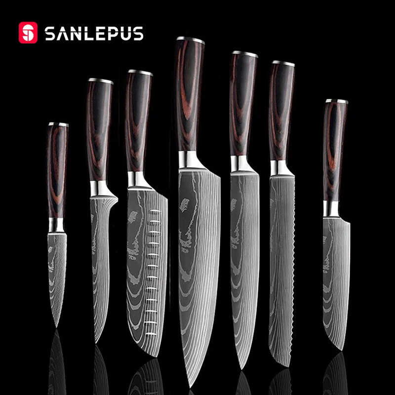 

SANLEPUS Chef knife 7 PCS Set Kitchen Knives Laser Damascus Pattern Sharp Japanese Santoku Knife Cleaver Slicing Utility Knife
