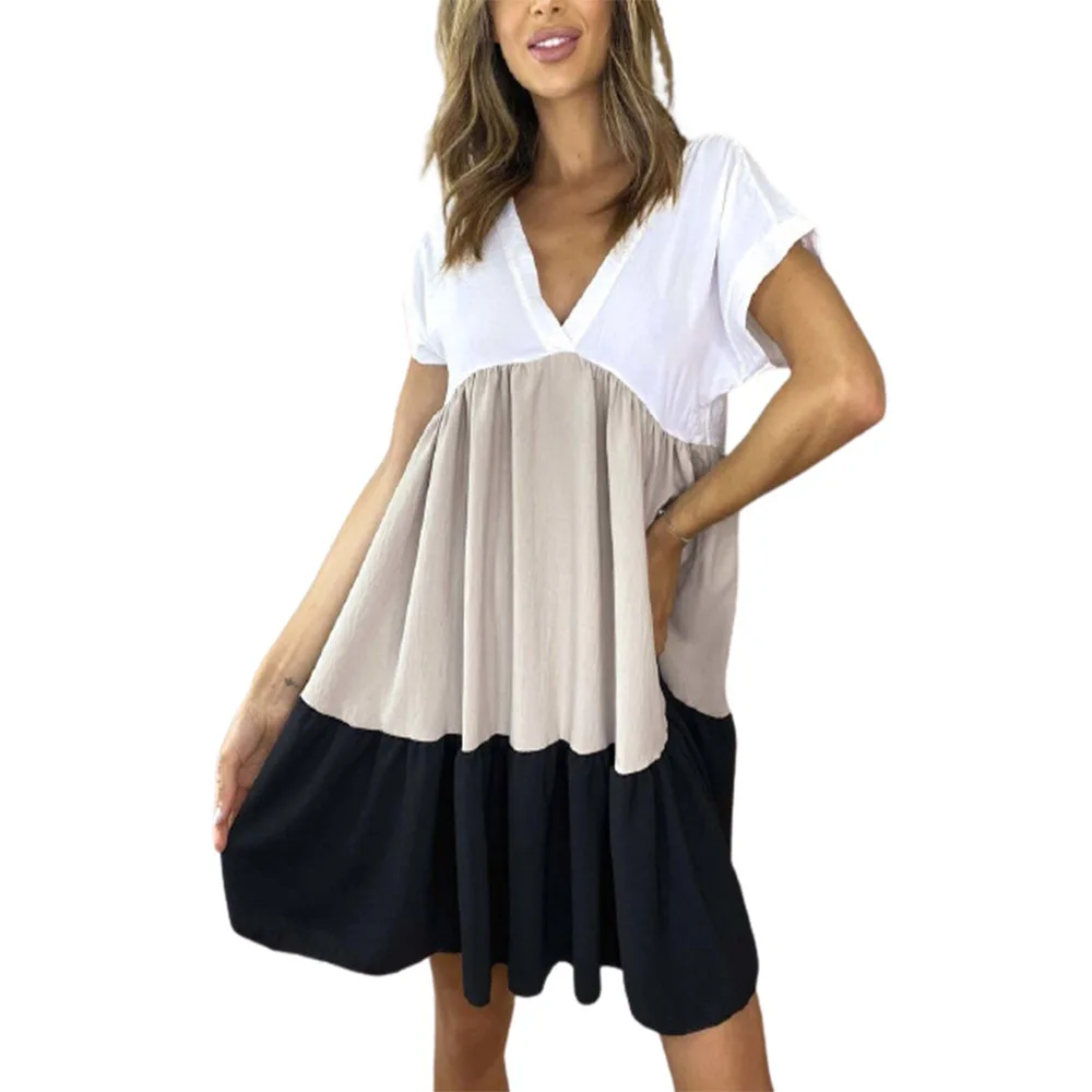 

Mandylandy Short Sleeve Dress Women's Casual Pleated Loose Dress Summer Fashion V-neck Stitching Dress