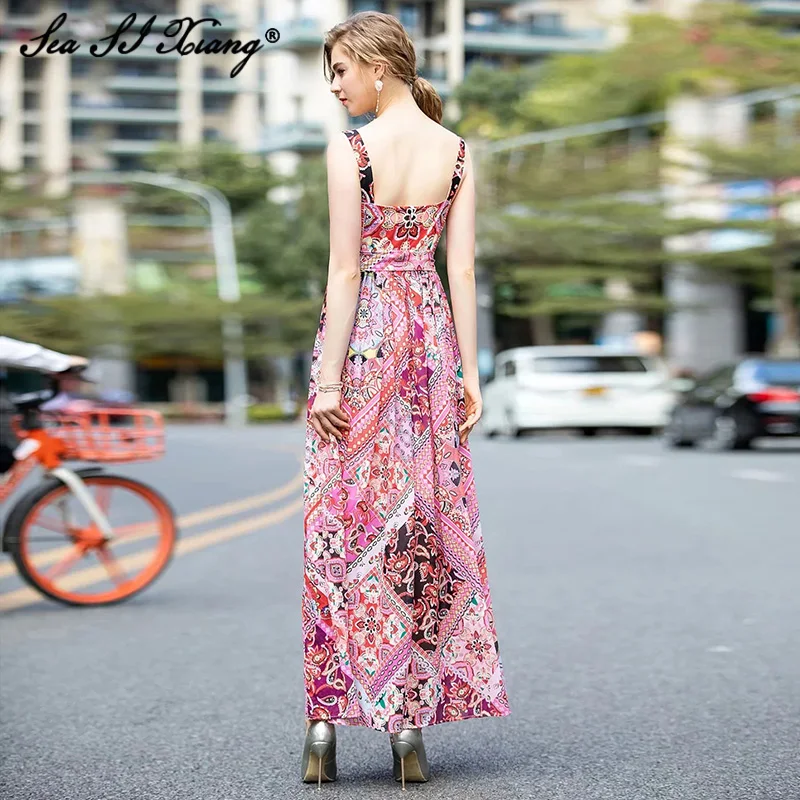 

Seasixiang Runway Elegant Female Summer Bohemian Print Holiday Maxi Dress Female Spaghetti Strap Long Pink festival Dresses New