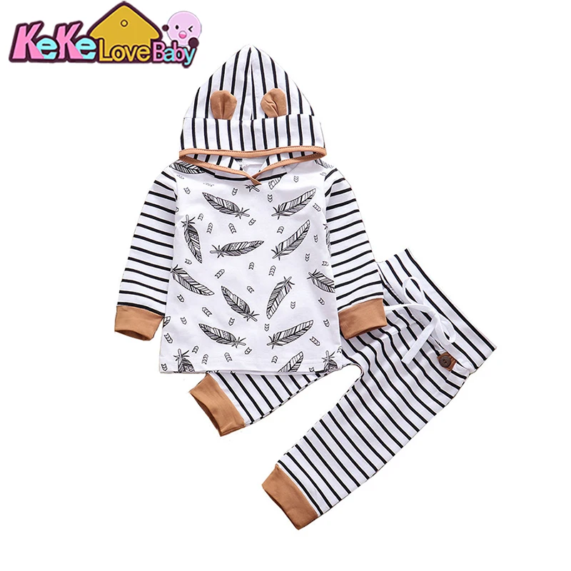 Newborn Baby Boy Clothes Set Autumn Stripe Hooded Tops Pants Outfit Clothes Feather Printed Cute Infant Boys Clothing 0-24M