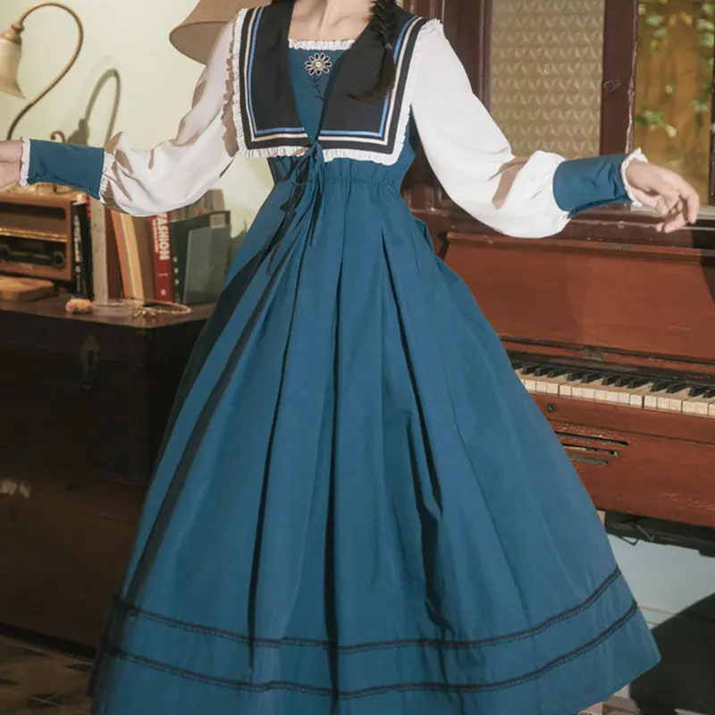 

Women Dresses New Loose Sailor Collar Casual Print Pleated Clothes Long Sleeve Strap Vintag Elegance Preppy A-line Dress