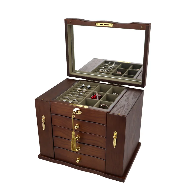 New 5-Layer Wooden Jewelry Box Antique Multi-Function Large Capacity Lock Chinese Style Necklace Earrings Bracelet Storage