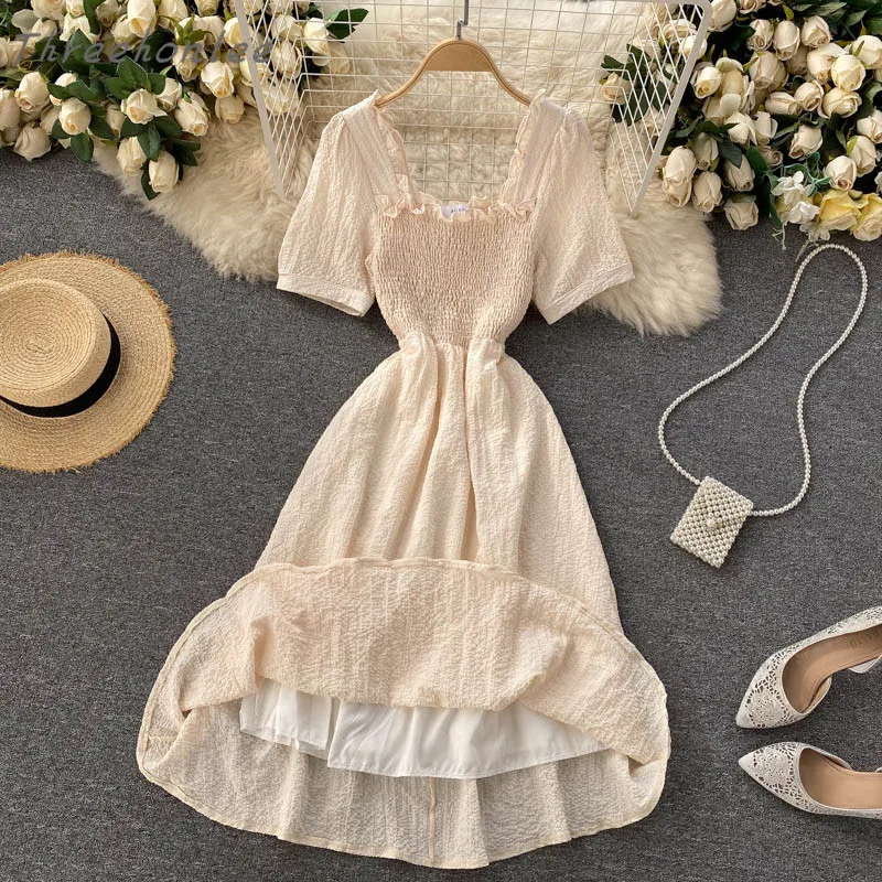 

2021 Summer =Elegant Woman Dress Patchwork Draped High Waist Hip A Line Slim Short Sleeve Solid Robe Female Dress Vestidos