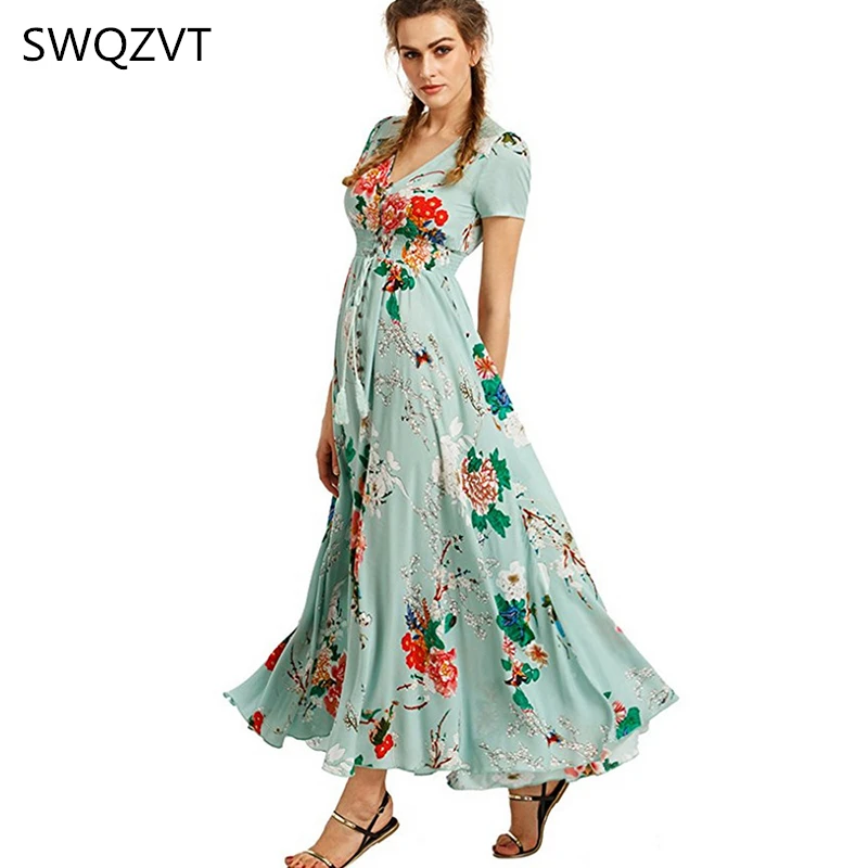 Платье в пол женское с коротким рукавом и цветочным принтом|Женские платья| |