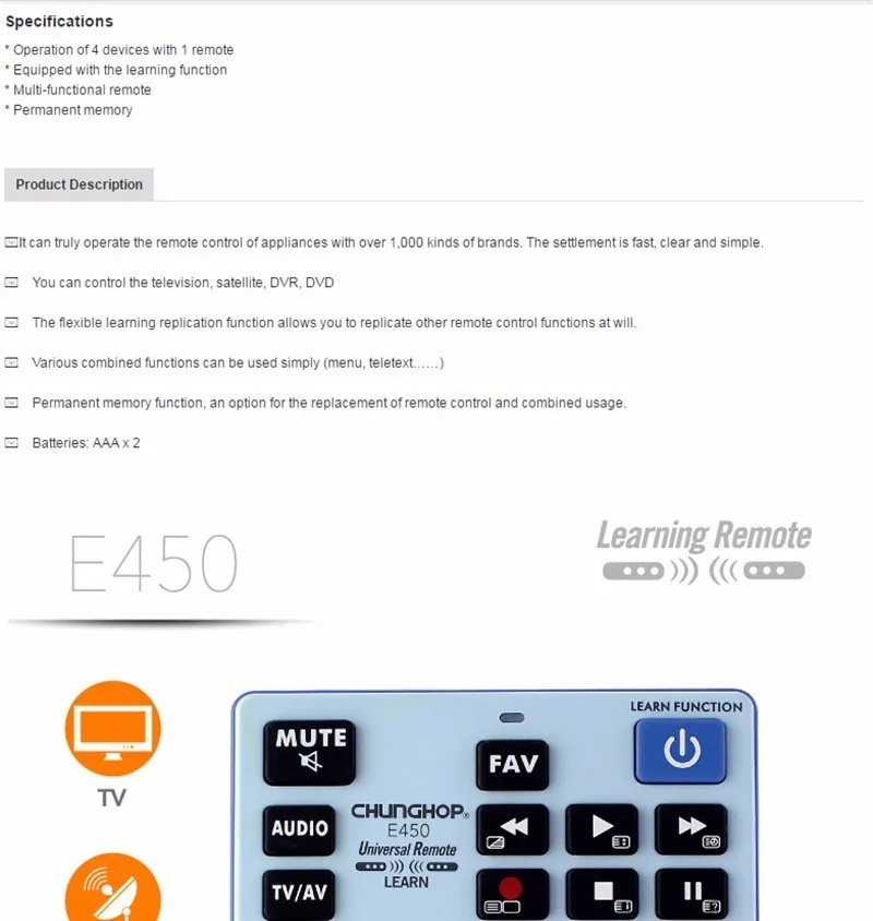 1 шт. Chunghop E450 2AAA комбинированный пульт дистанционного управления для ТВ SAT DVD CBL DVB-T AUX универсальный пульт дистанционного управления CE большой пульт дистанционного управления
