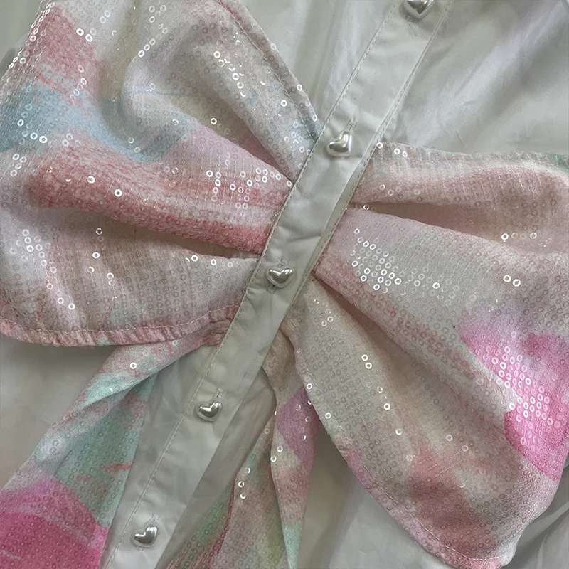 

Spring Summer Chic Bowknot Shirt Women Fashion Designer Luxury Sequin Fake Two Tops Black White Blouse 2021 Brand Vestido