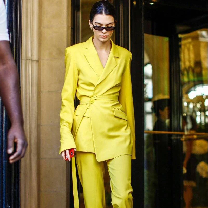 Женский облегающий костюм-Блейзер желтый костюм с брюками офисная одежда