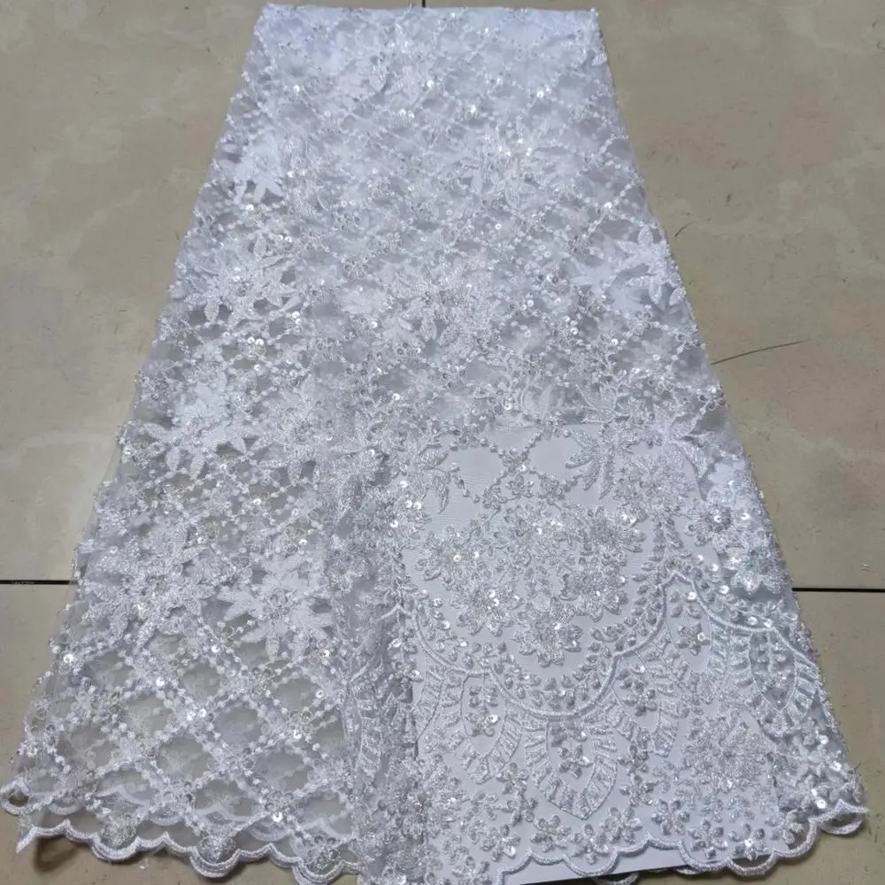 

New French Tulle Mesh Lace Fabric Best Quality Beaded Lace Fabrics Luxury African Handmade Beads Lace Fabric for Wedding