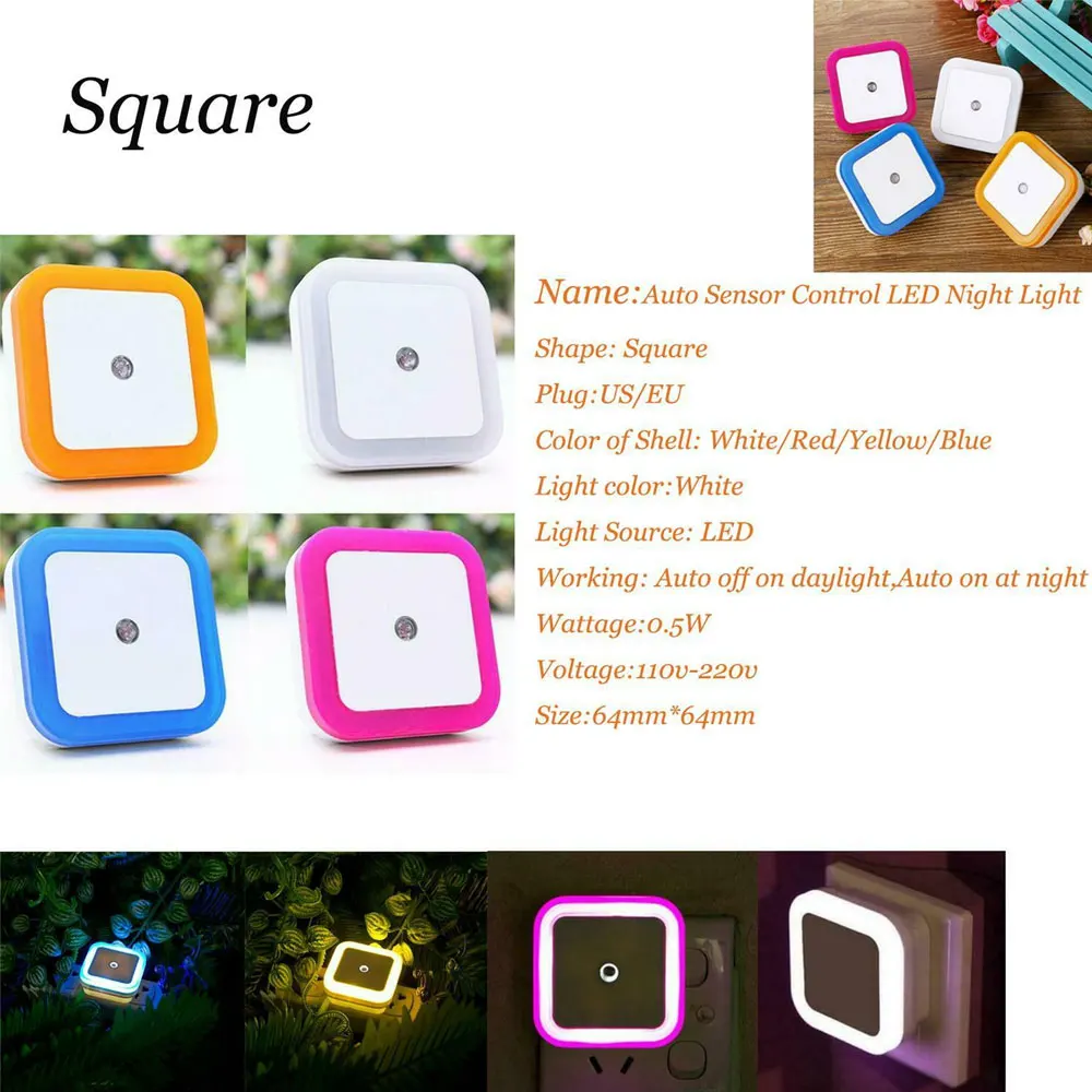 Mini LED Night Light EU/US Plug in Dusk to Dawn Sensor Wall Nights Lamp Square for Bedroom Hallway Stairs Corridor 110V 220V | Освещение