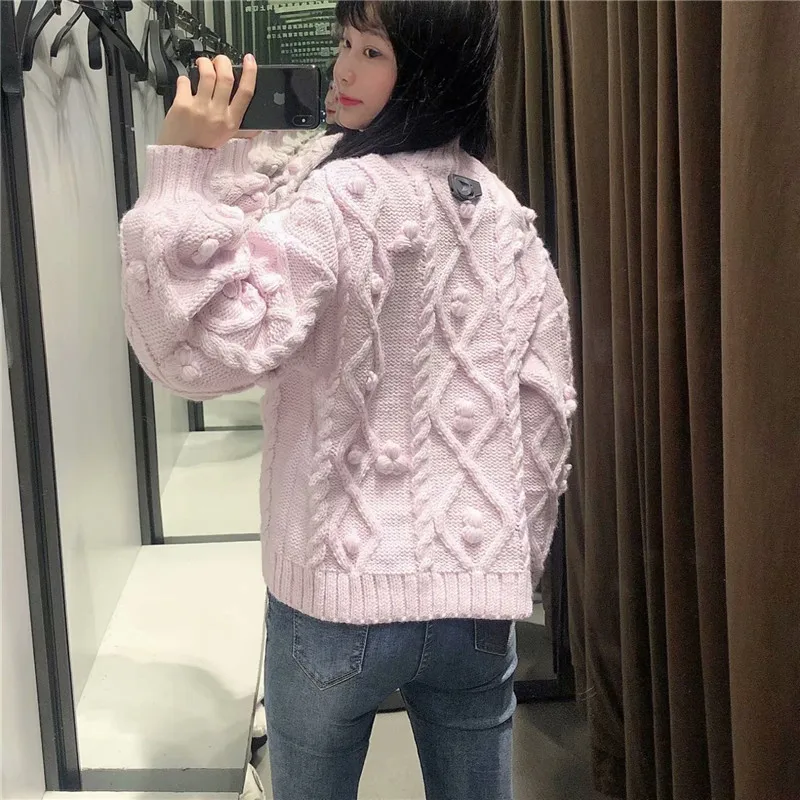 

2020 Za Women Knit Pompom Ribbed Sweater High Collar Long Sleeve Pink Winter Knitted Top Female Chic Streetwear Sweet Sweaters