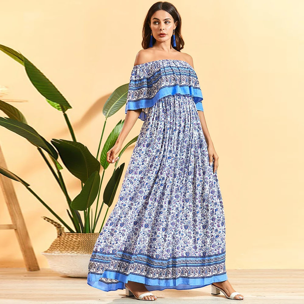 Женское платье макси с открытыми плечами длинное летнее в стиле бохо женская