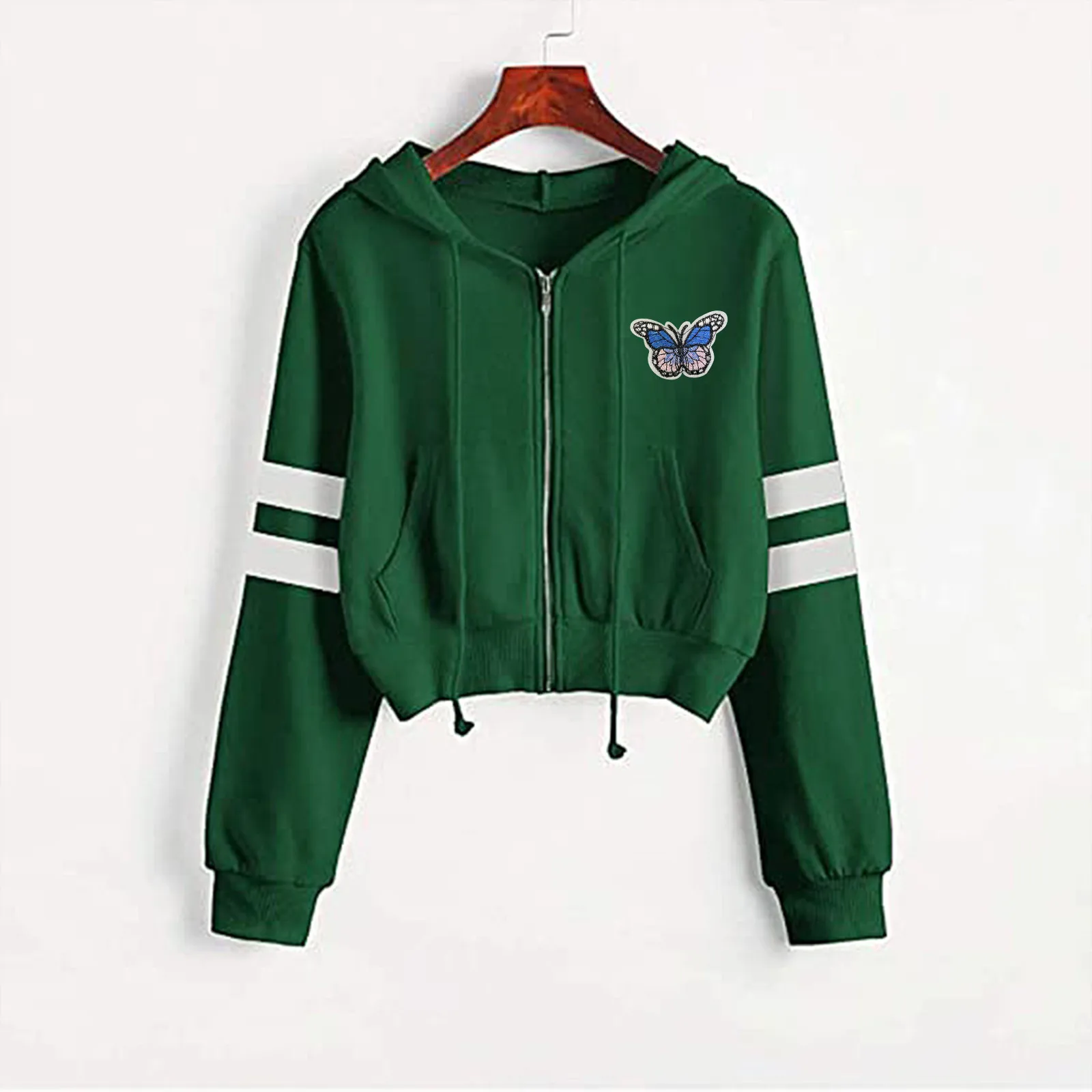 Fashion Autumn Women's Solid Color Short Zipper Long Sleeve Hooded Butterfly Print Sweetshirts Свитер с капюшоном 2021 New