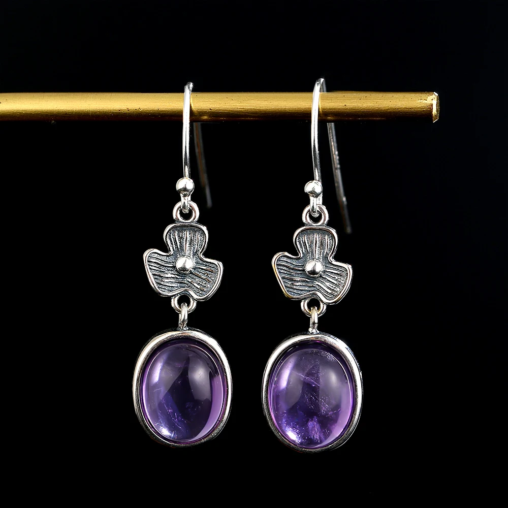 

Natural Amethyst Drop Earrings Vintage Flower Shape 925 Sterling Silver Earring for Women Ear Jewelry Anniversary Gift