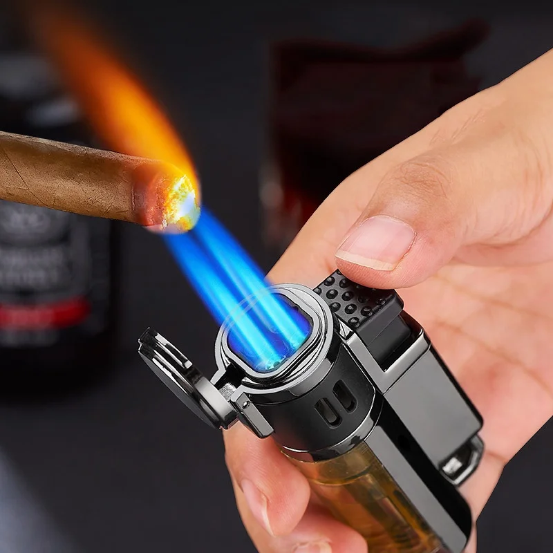 

Metal Windproof Gas Lighters Spray Gun Cigar Butane Lighters Visible Gas Window Jet Torch Lighter Four Flame Welding Gun 1300 C