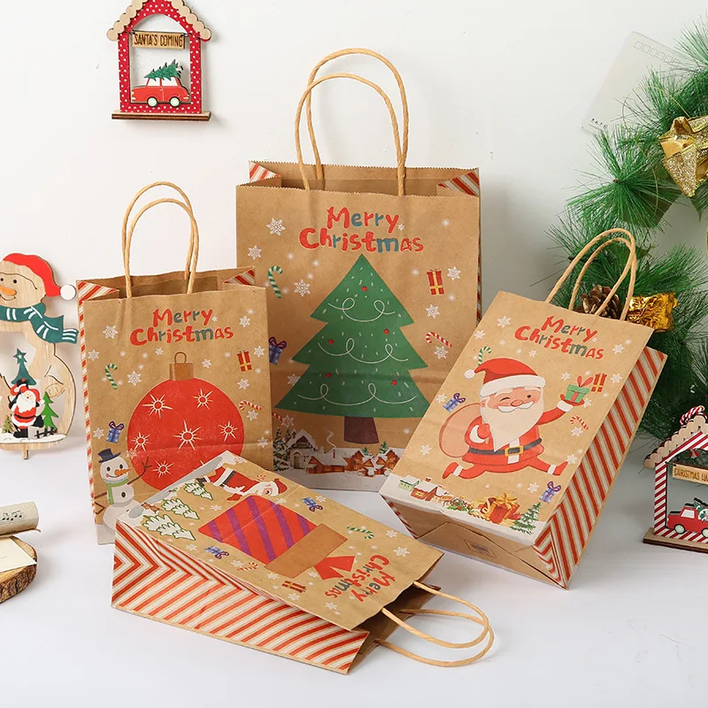 

3/5pcs Xmas Kraft Paper Bag Christmas Santa Claus New Year Party Gift Pakcaging Handle Bag Child Favors Cookies Snack Decor