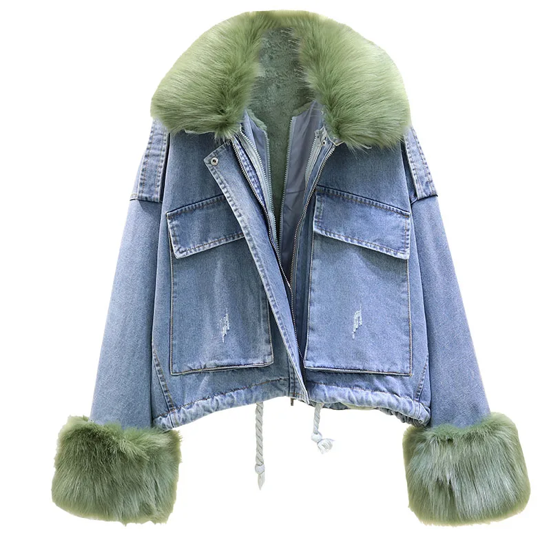 Зимняя новая джинсовая куртка съемный для женщин плюшевый толстый вкладыш