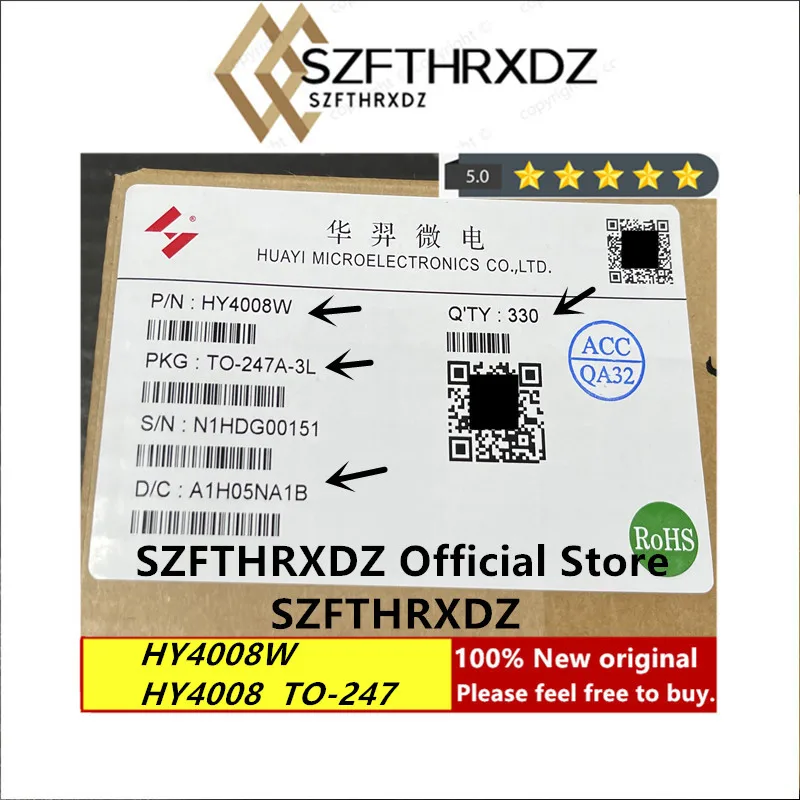 100% Новый оригинальный HY4008W TO-247A-3L HY4008 TO247 80V 200A 30 шт./трубка 330 шт./корт (10 шт.) |