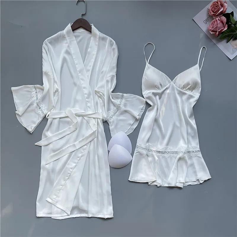 

Summer Women Sleepwear Satin Nightgown Set Sexy Bride Bridesmaid Wedding Robe Patchwork Lace Flared Half Sleeves Home Dress
